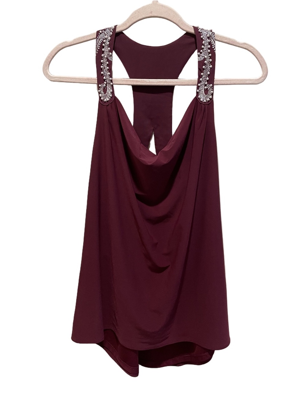 WHBM Burgundy Embellished Razorback blouse. Size S. - Picture 2 of 9